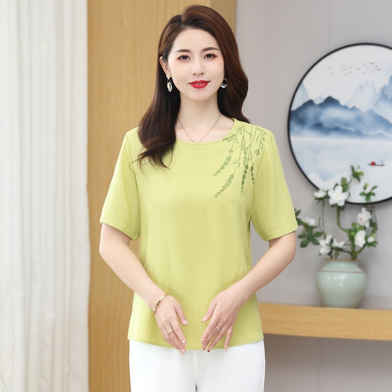Women's Summer Style Retro Solid Color Round Neck Embroidered Cotton Hemp Button Short Sleeve Loose T-shirt Top