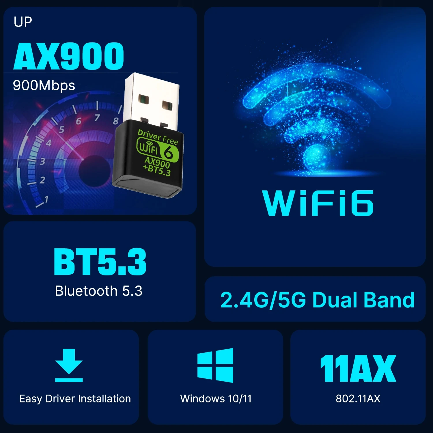 Adattatore USB WiFI 6 da 900 Mbps Scheda di rete wireless Bluetooth 5.3 Driver dual band Dongle USB gratuito per Win 10 11 Accessori per PC