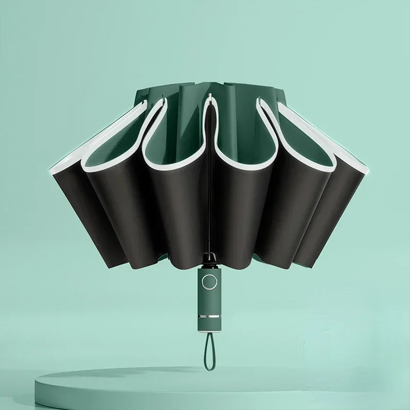 Paraguas totalmente automático para hombre y mujer, sombrilla plegable inversa con rayas reflectantes a prueba de viento y rayos UV: Negro