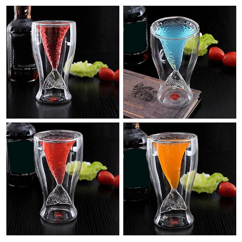 Mermaid Shot Glass for Whiskey 100 ML Double Wall Glass Cup with for Cocktail Juice Transparent VJ