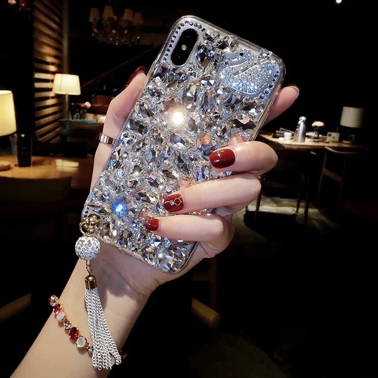 Funda para iPhone 11 XR 7 8 11 Pro Max X XS Max Plus 6 6s Cubierta de diamantes de imitación Cisne borlas