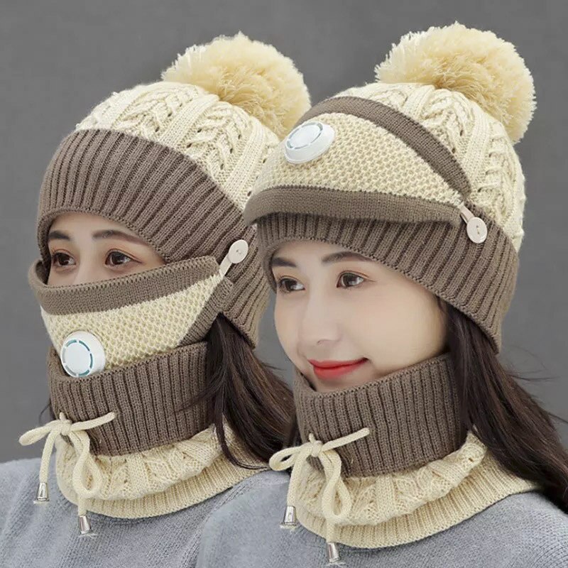 Vinter kvinder strikket hue sæt blød uld scart kasket pige varm solid kranie hætte med nakke varmere tyk fleece foret kvinde: Khaki