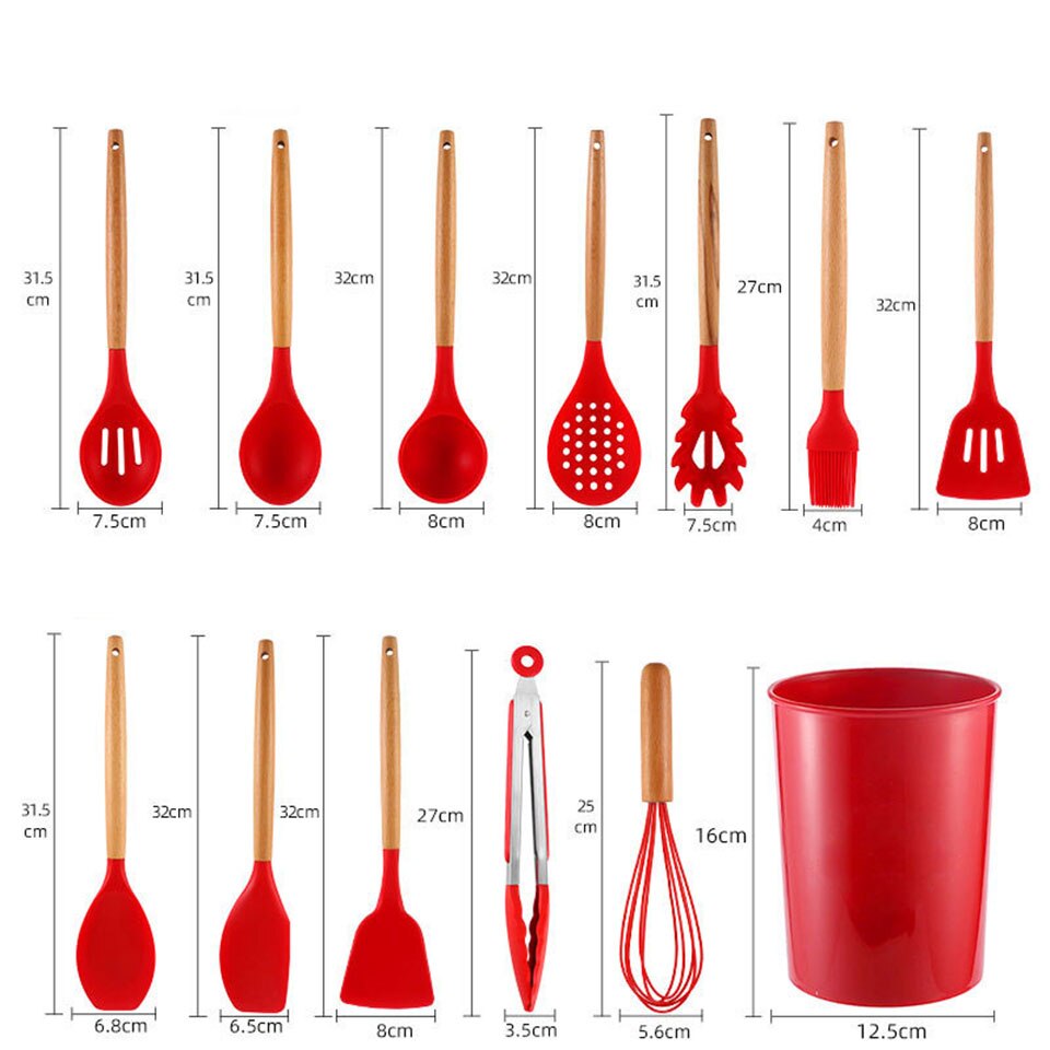 Cooking Tools Silicone Utensils Set Turner Tongs Soup Spoon Brush Non-stick Shovel Oil Spatula Kitchen Tool Set Red