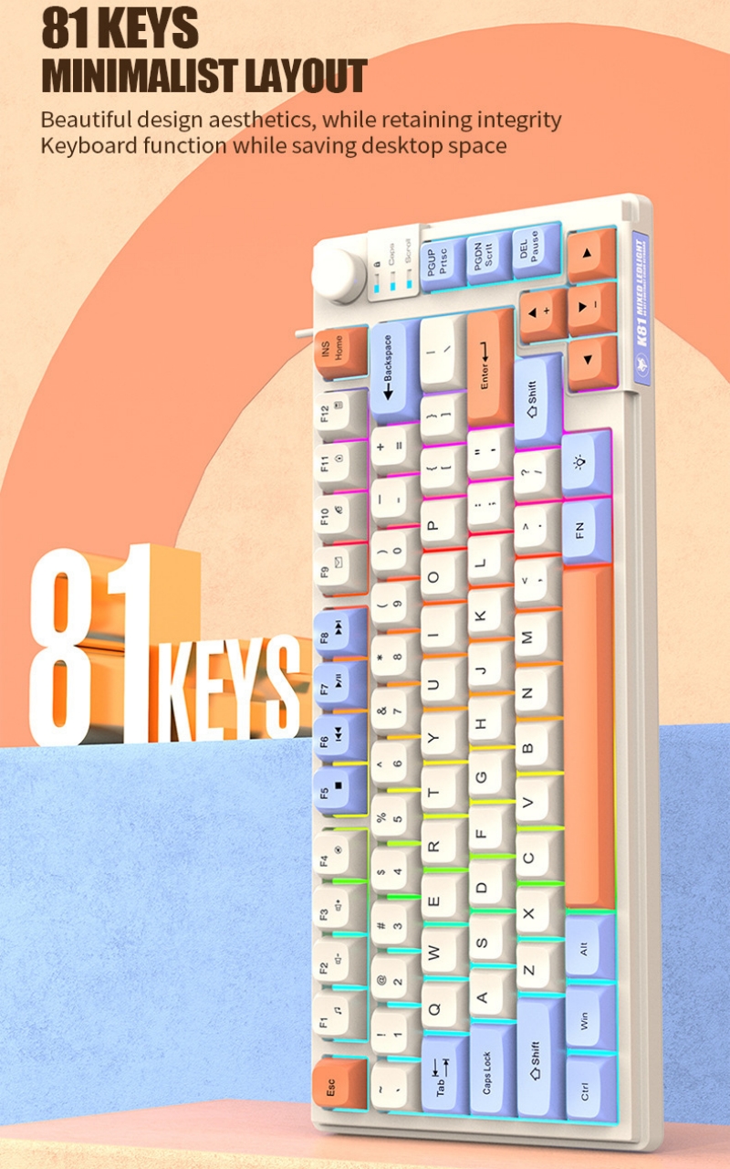 Tastatur K81 Spielen-Tastatur 81 Tasten 80 % Layout Spanisch Russisch Koreanisch Arabisch Tastatur USB-Kabel RGB-Licht Lautstärkeregler Ergonomie
