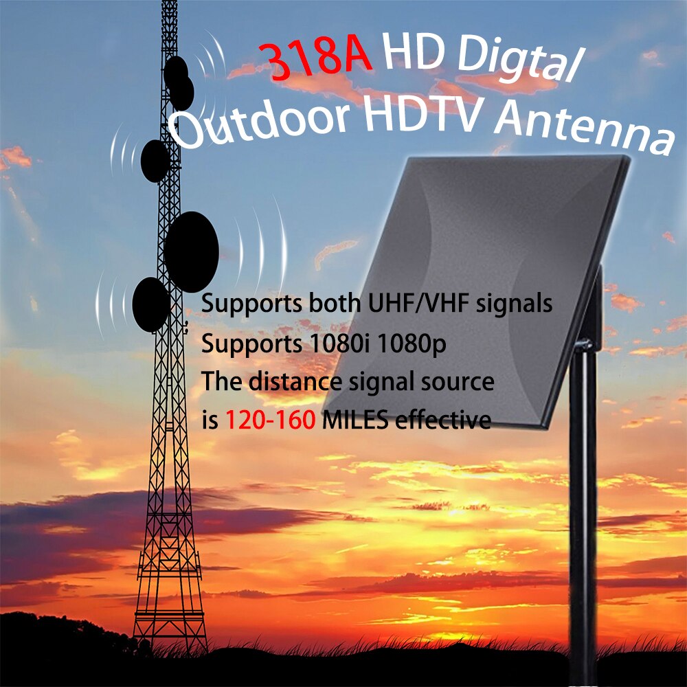 318A160-mile outdoor amplified TV antenna with 32.8ft coaxial tv cable upgraded omnidirectional HD TV antenna telescopic antenna