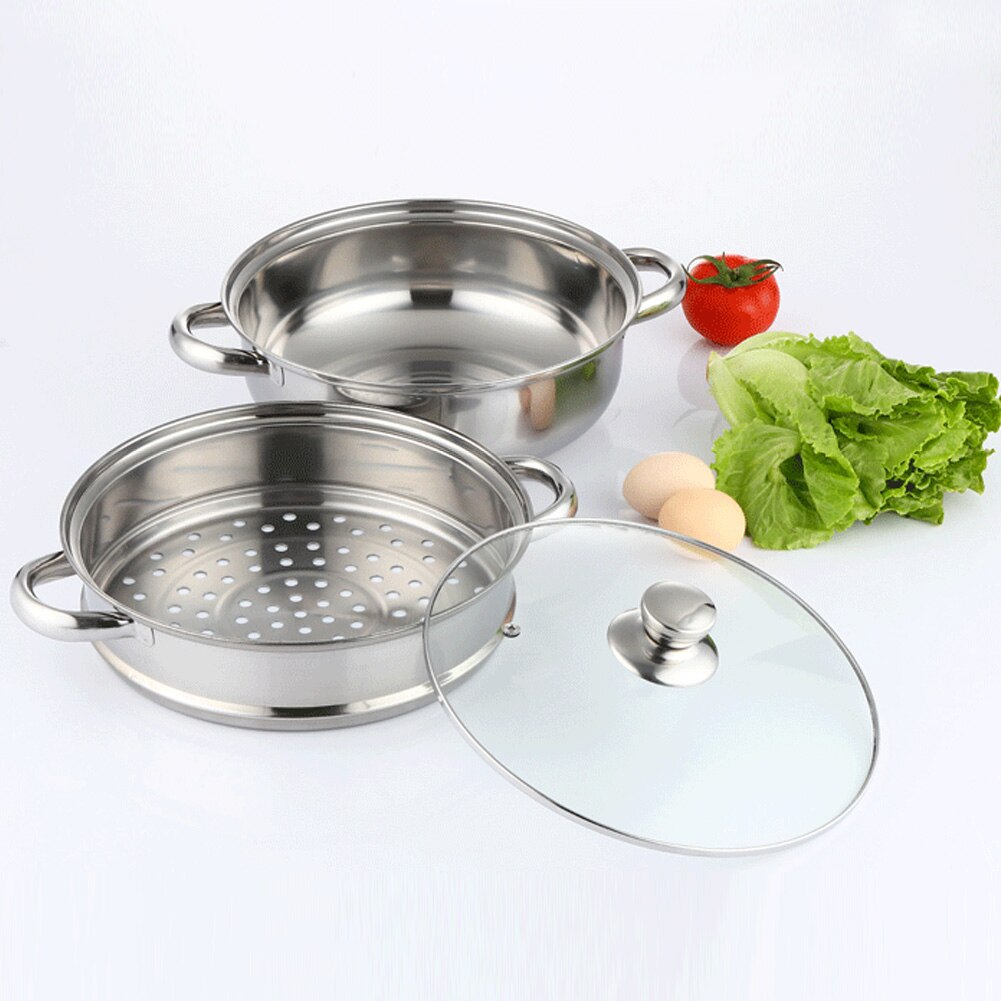 Casserole pour cuiseur vapeur grande taille 28cm, 3 niveaux, facile à nettoyer, couvercle visuel, batterie de cuisine, double usage, acier inoxydable, gain de place à la maison avec poignées