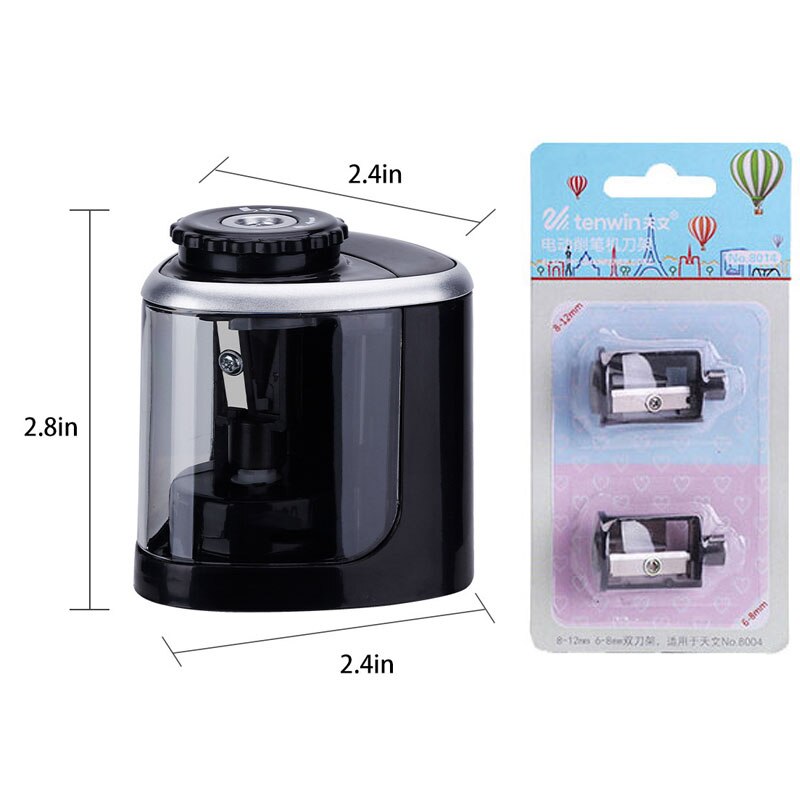 Automatic Electric Pencil Sharpener Portable Auto Student Stationery Rotary Pencil Sharpener for Classroom Home Office Supplies: Black and 2Pcs blade