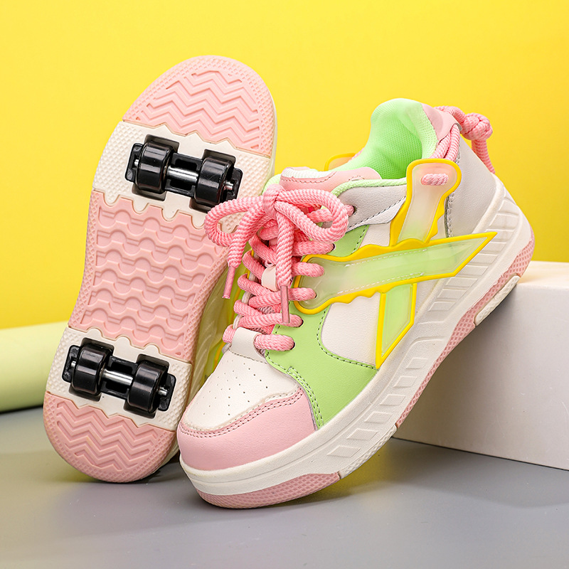 Rollschuhschuhe für Kinder, Jungen und Mädchen, verbesserte modische Turnschuhe mit 4 Rädern für Kinder, vielseitige Rollschuhschuhe, Weihnachten: Beige / 39