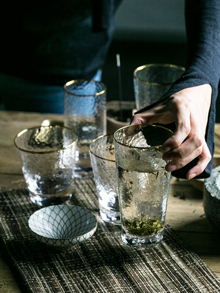 Ins gilt randen hamer cup, loodvrij kristalglas, koud drankje cup, vruchtensap glas cocktail glas gouden slanke cup voor sap