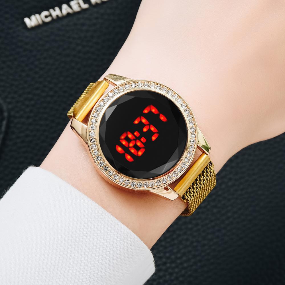 Magnetic Women Watches Rose Diamond touch screen Mesh Strap Ladies Electronic Wristwatches Minimalist Female Clock: XR4487-GO