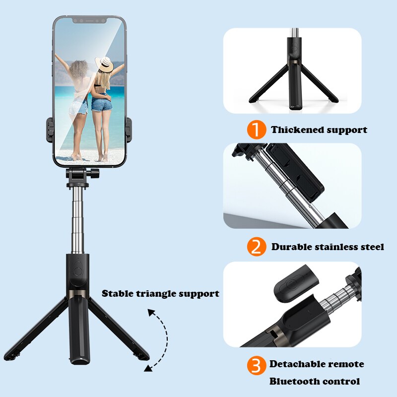 Adecuado para teléfonos inteligentes, iPhones y Samsung, 3 en 1 temporizador automático, trípode, monopié expandible, con control remoto Compatible con Bluetooth