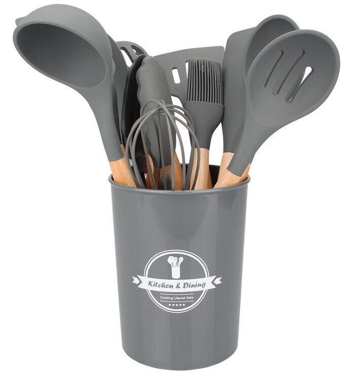11Pcs Siliconen Koken Tools Keukengerei Houten Handvat Kookgerei Set Accessoires Non-stick Spatel Eiklopper: Gray