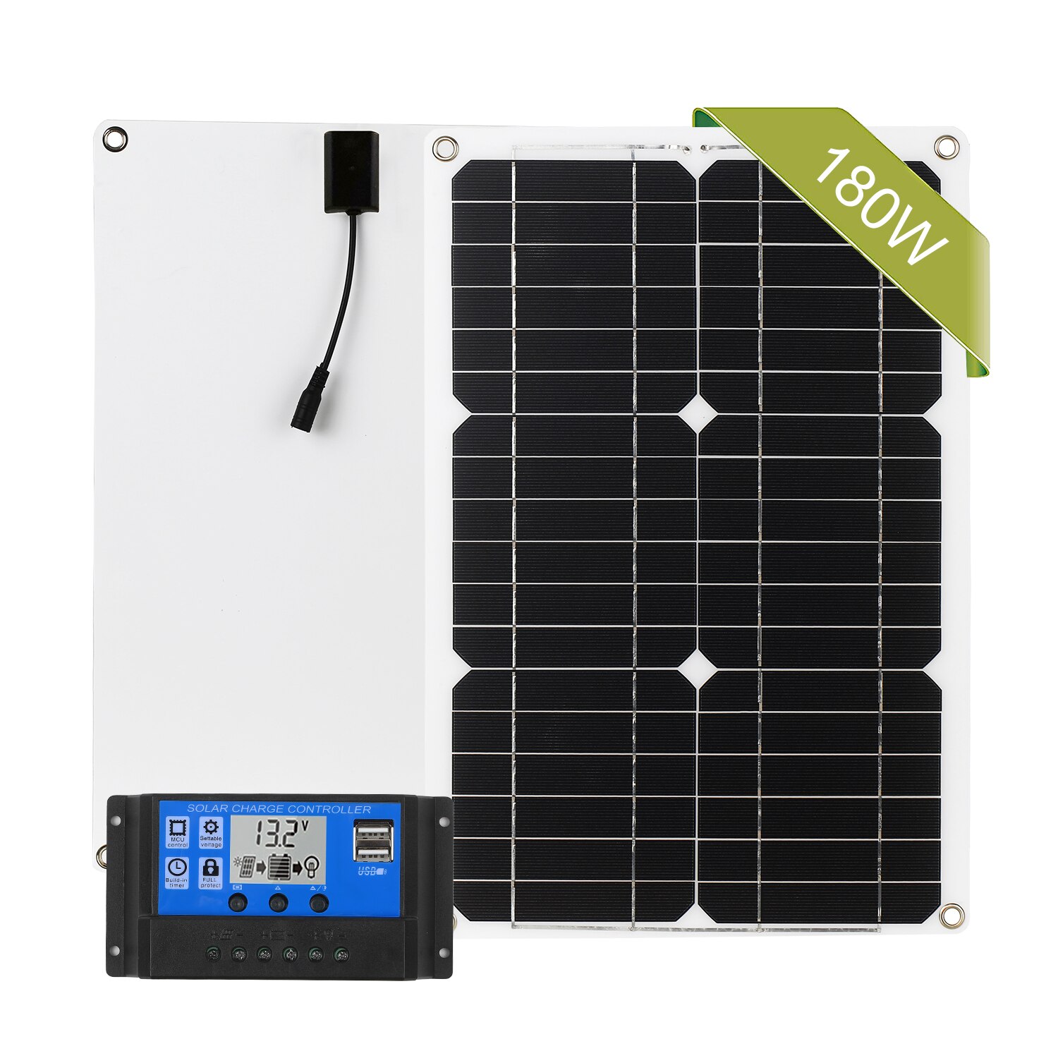 Kit de Panel Solar de 180W y 12V módulo monocristalino fuera de la red con controlador de carga Solar Kits de Cable de conexión SAE, energía Solar: With Controller