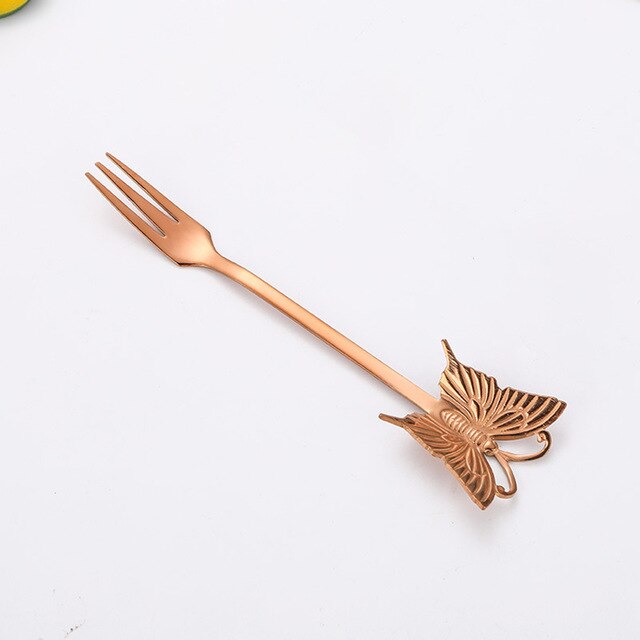 Dessert Cake Fork Stainless Steel Coffee Spoon Butterfly Fruit Fork Milk Shake Spoon Reusable Spoon Smoothie Spoon: Rose gold-Fork