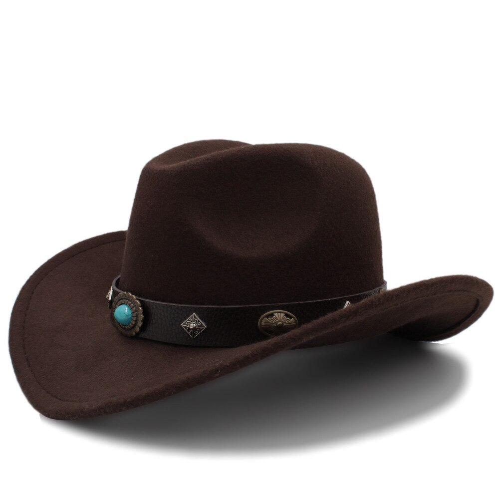 100% lana Sombrero de Cowboy del oeste para hombres Otoño Invierno Jazz ecuestre Sombrero Hombre Steampunk Sombrero tamaño de tapa 56-58cme: Coffee