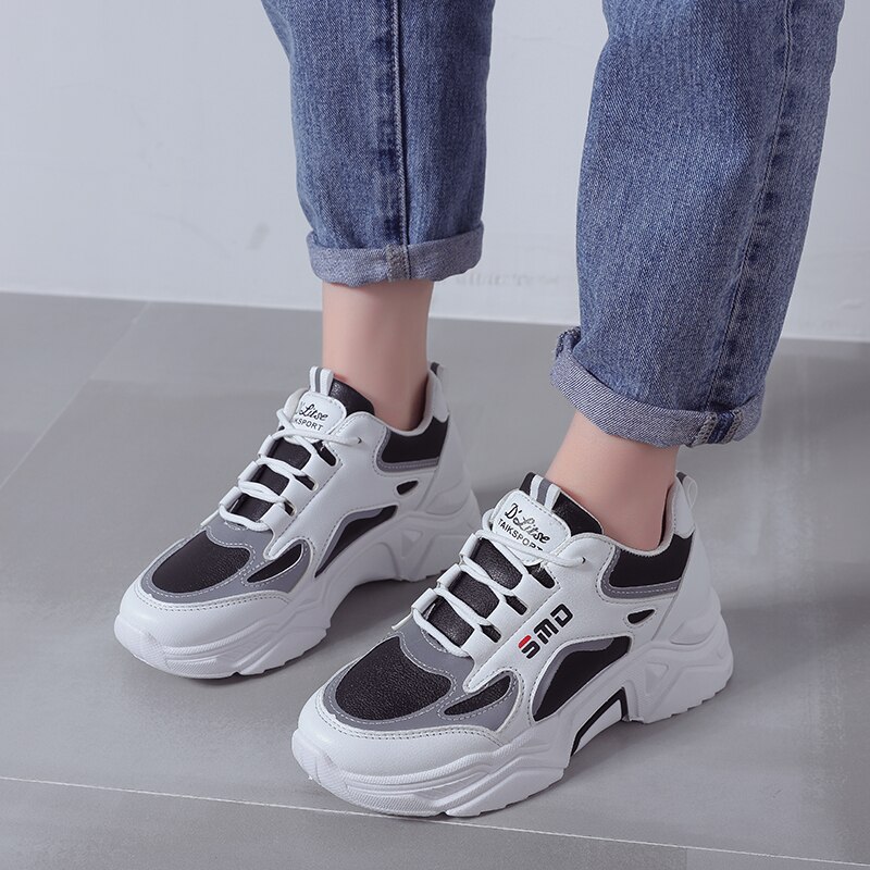 nouvelle chaussures compensées créateurs de blanc baskets femmes en cuir à semelles épaisses tennis chaussures de sport femme Zapatillas Mujer: Black / 4