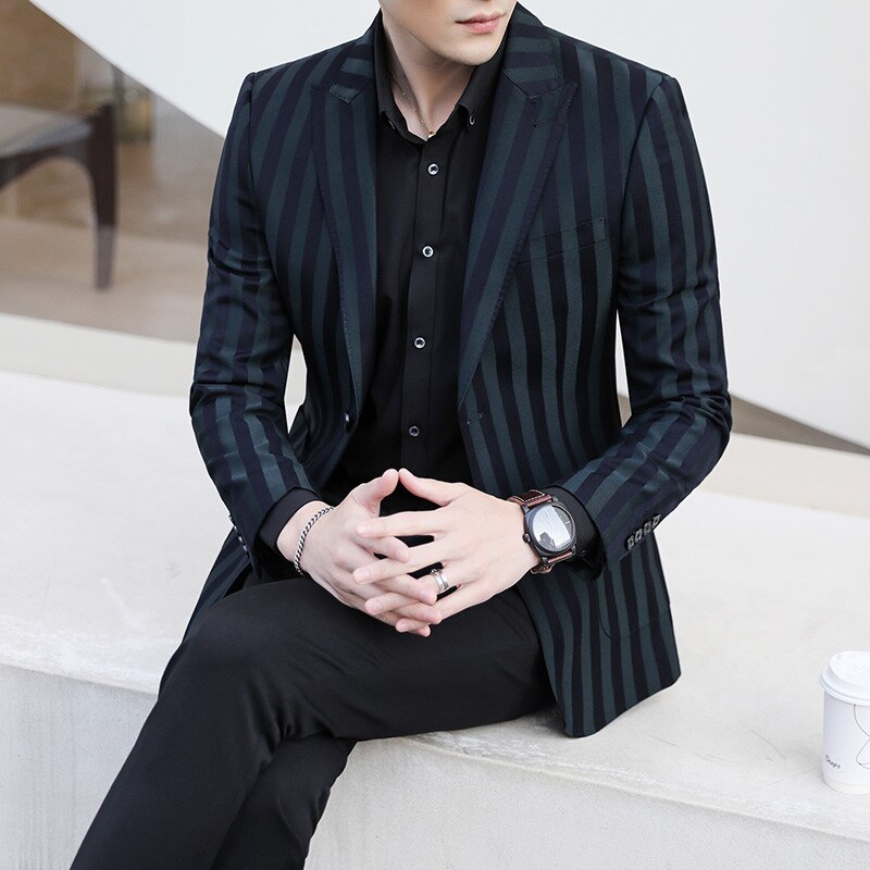 Costume de smoking à revers cranté pour homme, 2 pièces, Slim Fit, rayé, bleu marine, pour marié d&#39;affaires, pour mariage formel, à la ,