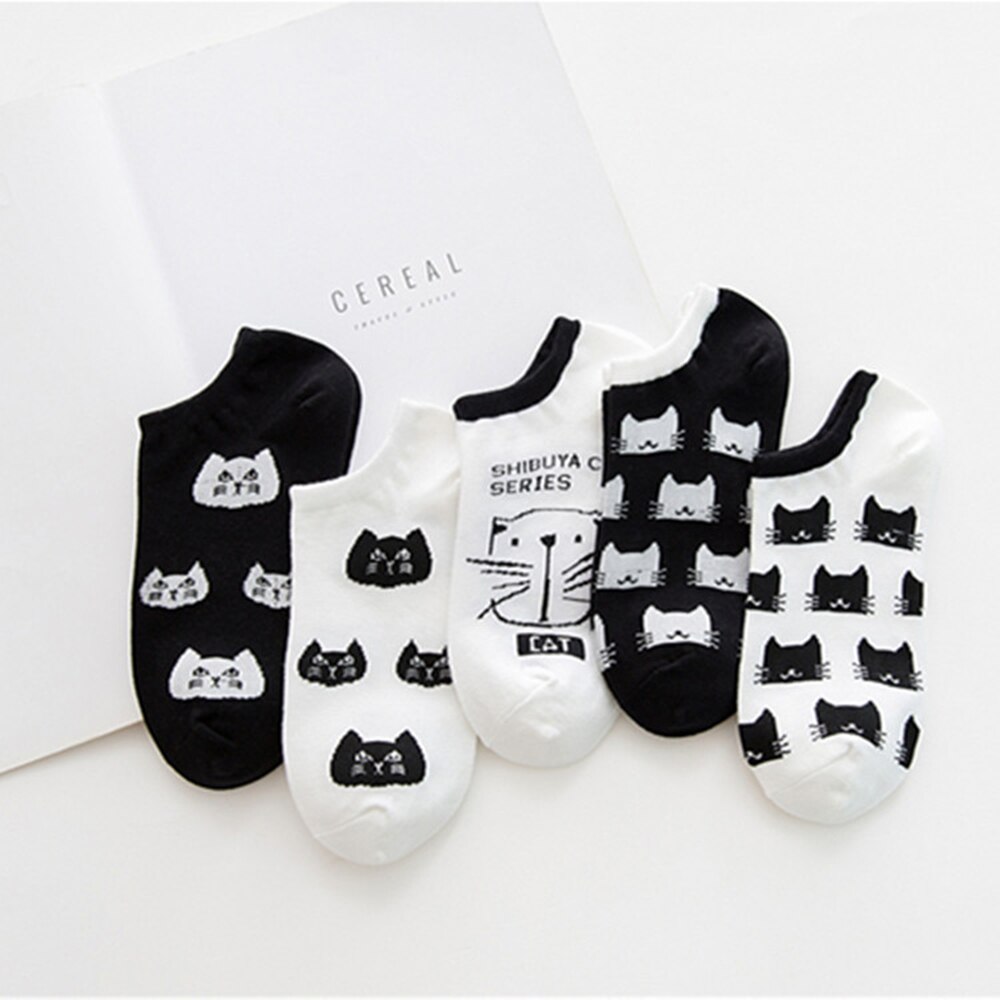 Calcetines tobilleros con de gato para Mujer, medias cortas con dibujos de animales, coreana, Kawaii, informal, 5 pares