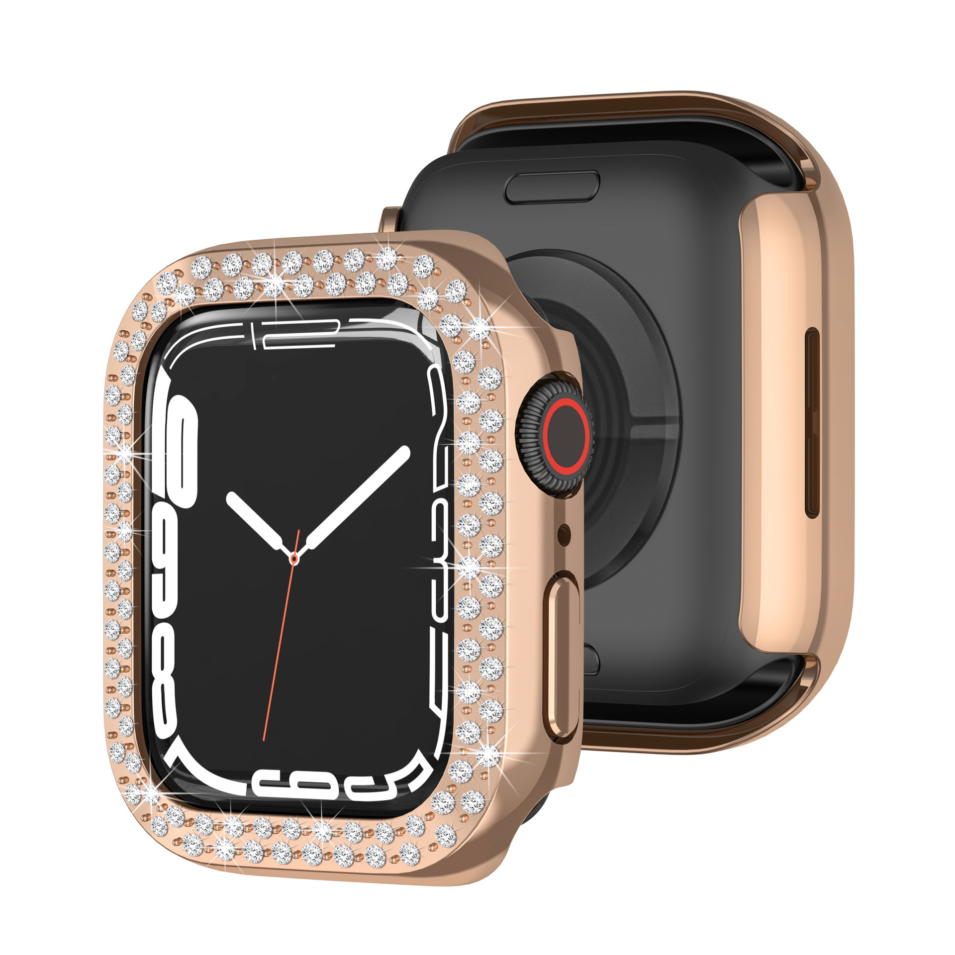 Coque en diamant pour Apple Watch, 41mm 45mm 44mm 40mm 42mm 38mm, Accessoires Bling Bumper Protector Cover, iWatch Series 3 5 6 se 7 8 9: Rose Gold / 7 Pouces et Au-dessus