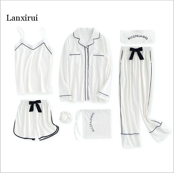 Pyjama Vrouwen 7 Pcs Pijama Sexy Night Suit Nachtkleding 100% Katoen Pyjama Set Lente Zomer