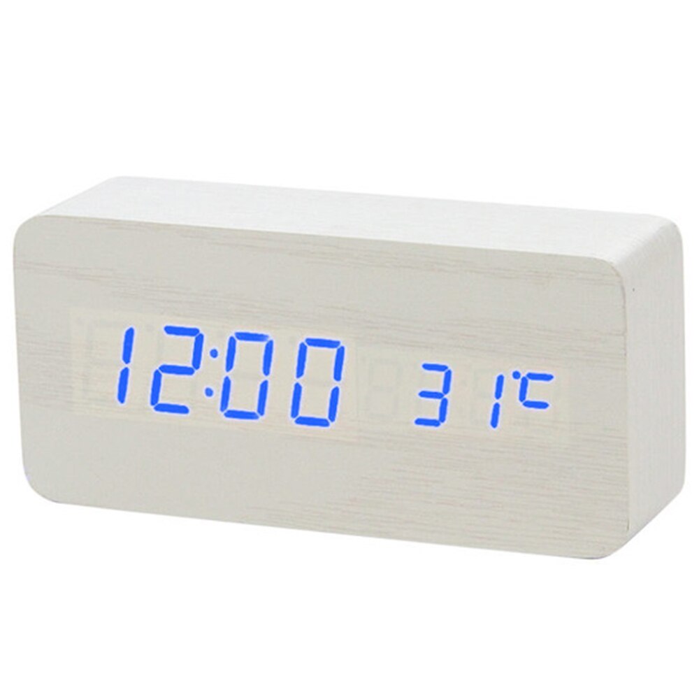 reloj despertador LED con Control de voz, termómetro Digital, retroiluminación de madera, reloj Retro brillante, mesa, Despertadores luminosos: Blue Number White
