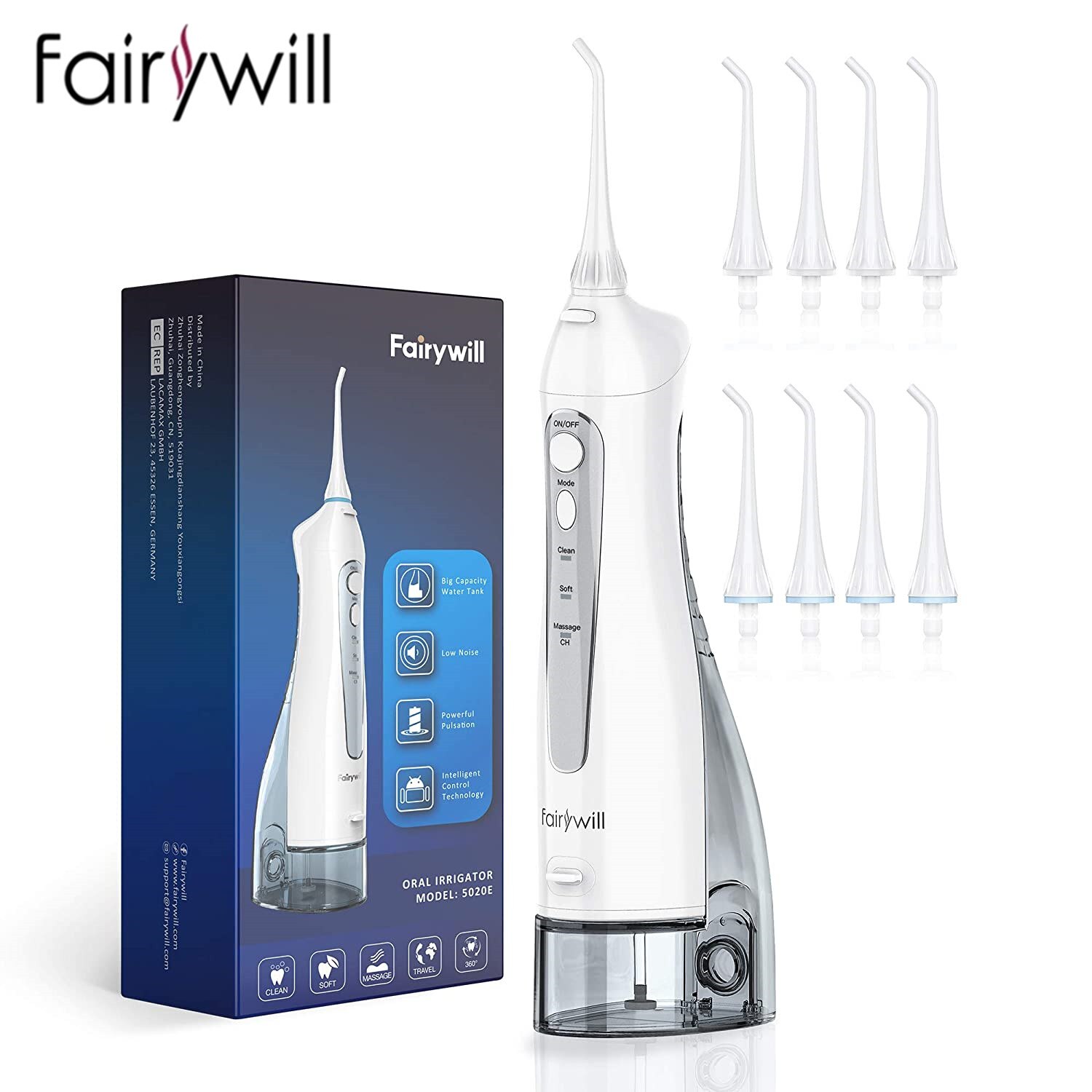 Fairywill Water Flosser Usb Oplaad Monddouche Dental 3 Modes 300Ml Water Tank Water Jet Waterdichte IPX7 Tanden Schoner: 5020E-Gary