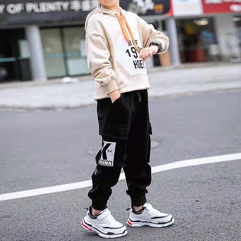 Everyin drenge bukser dreng bogstavtryk bomuld joggingbukser afslappet koreanske cargo bukser teenage børn sport multi-pocket bukser