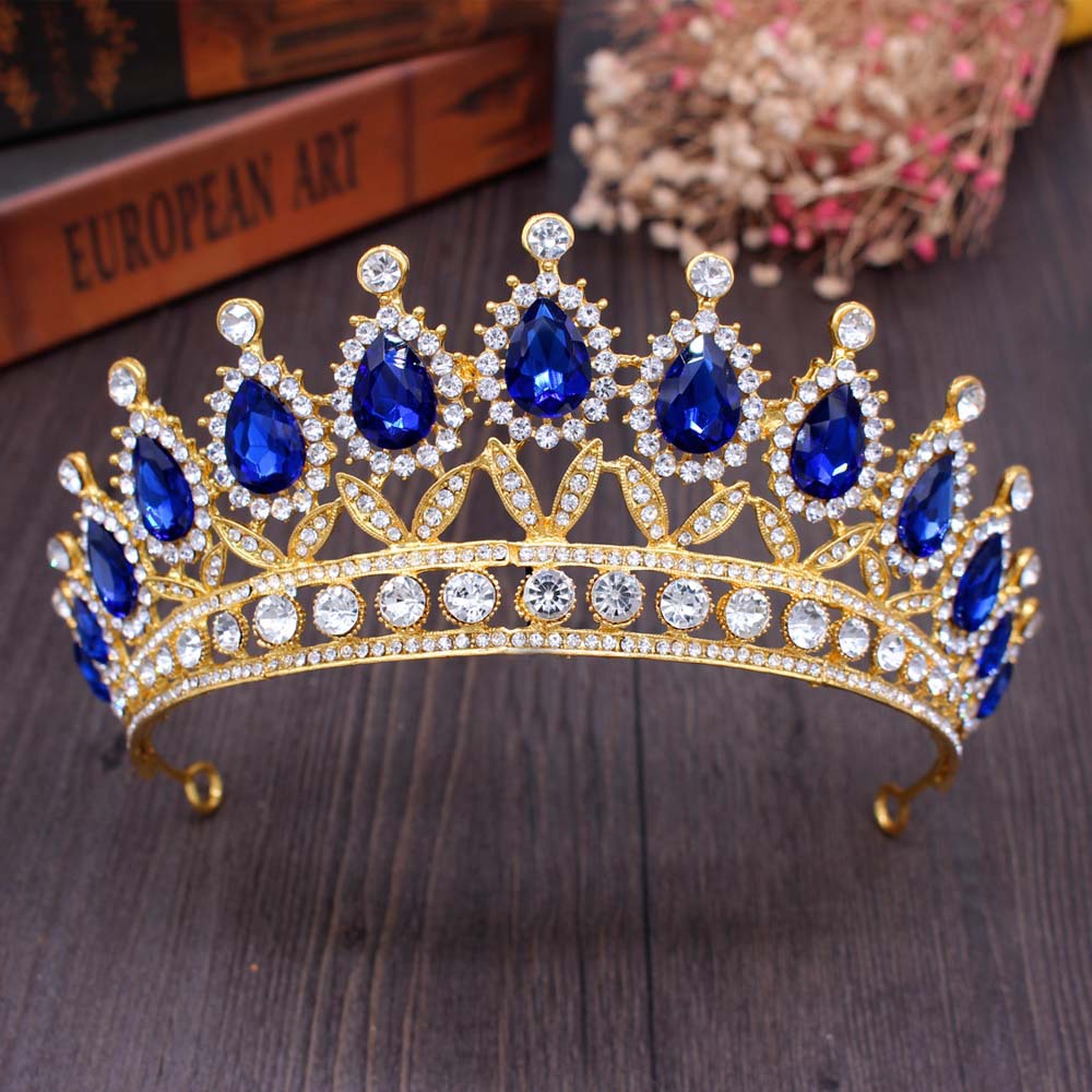 Barock Jahrgang Gold verrotten Kristall Braut Schmuck setzt Diademe Krone Ohrringe Halskette einstellen Frauen Hochzeit Dubai Schmuck-einstellen: 1Stck Blau Krone