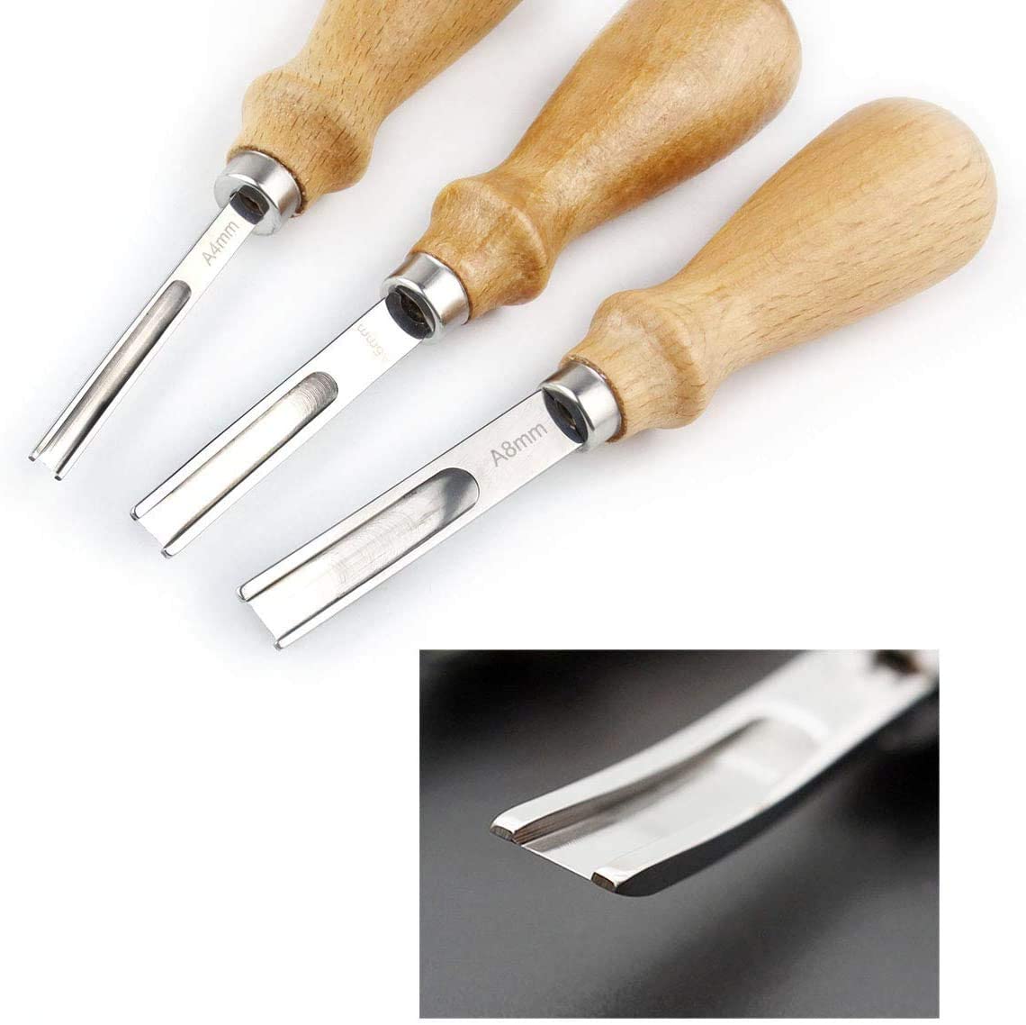 Leather Edge Skiving Beveler Tool 3 Size 8mm 6mm 4mm DIY Skiving Beveling Knife Kit Cutting Trimming Tools with Wood Handle Set