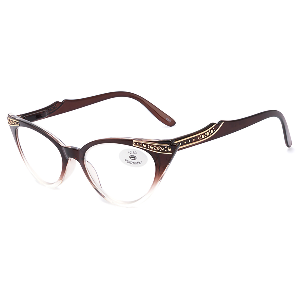 Ladies Reading Glasses Cat Eye Frame Elegance Women Presbyopic Eyeglasses +1.0 1.5 2.0 2.5 3.0 3.5 for Female Readers: 195124-Brown-C4 / +100