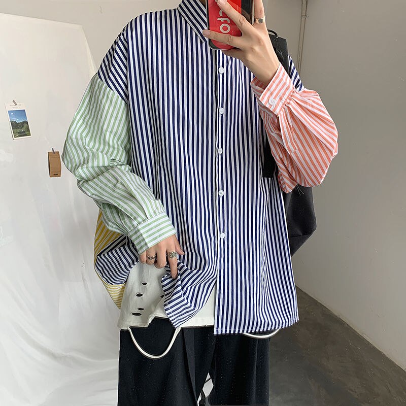 Camisa a rayas para hombre, camisa informal de negocios de Color contrastante, ropa de calle, camisa holgada de manga larga, camisa de vestir salvaje para hombre: M