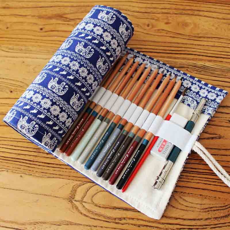 36/48/72 Holes Pencil Case Canvas Art Drawing Pen Bags Wrap Roll Up Holder Printing Storage Pouch School Offices Suppiles: Elephant 48 Holes