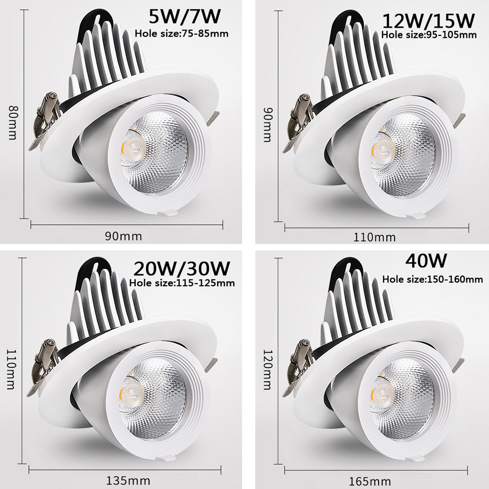 Led cob downlight indbygget lys 360 grader justerbar vinkel 5w 12w 20w 30w 40w spotlampe stue kontor indkøbscenter bar  ac110-240v