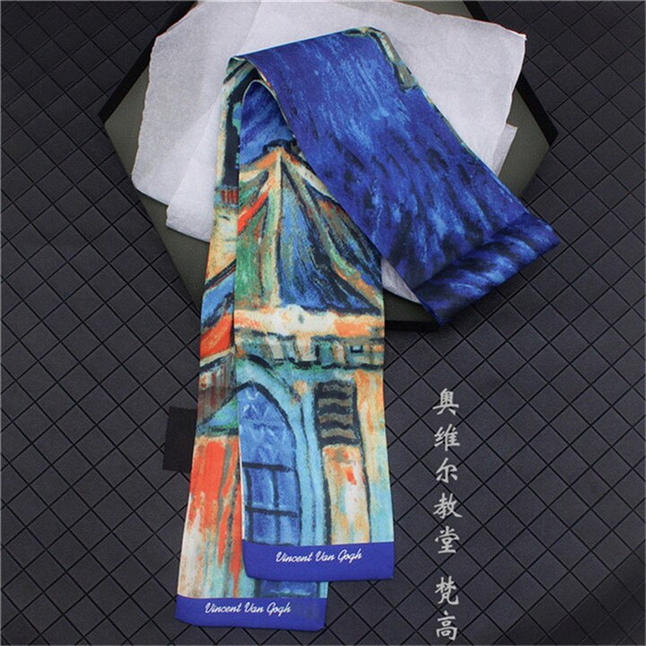 Van Gogh《Starry Night》Oil Painting Twill Silk Scarf Women Neckerchief Skinny Bag Scarf Female Headband Scarves Wraps For Ladies: 11