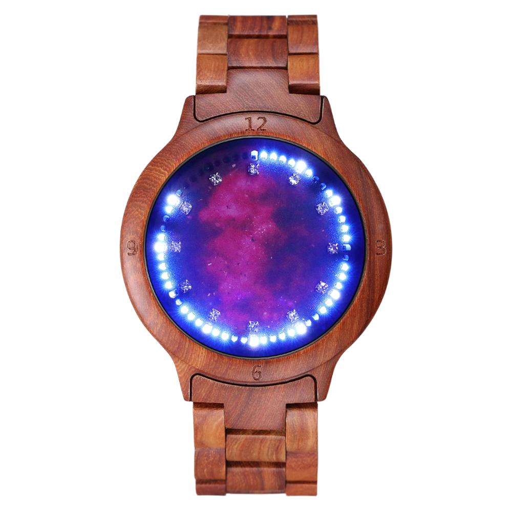 Red sandalwood LED Light Touch Screen Diamond Dial Wooden Watch Red Starry Sky Surface Luminous Watch Relogio Masculino
