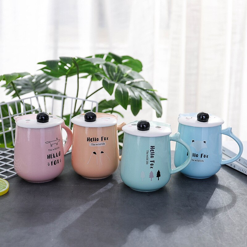 420ml Fox Shape Ceramic Mug Cartoon Animal Coffee Mugs with Lid Spoon Tumbler Cup Novelty for Christmas