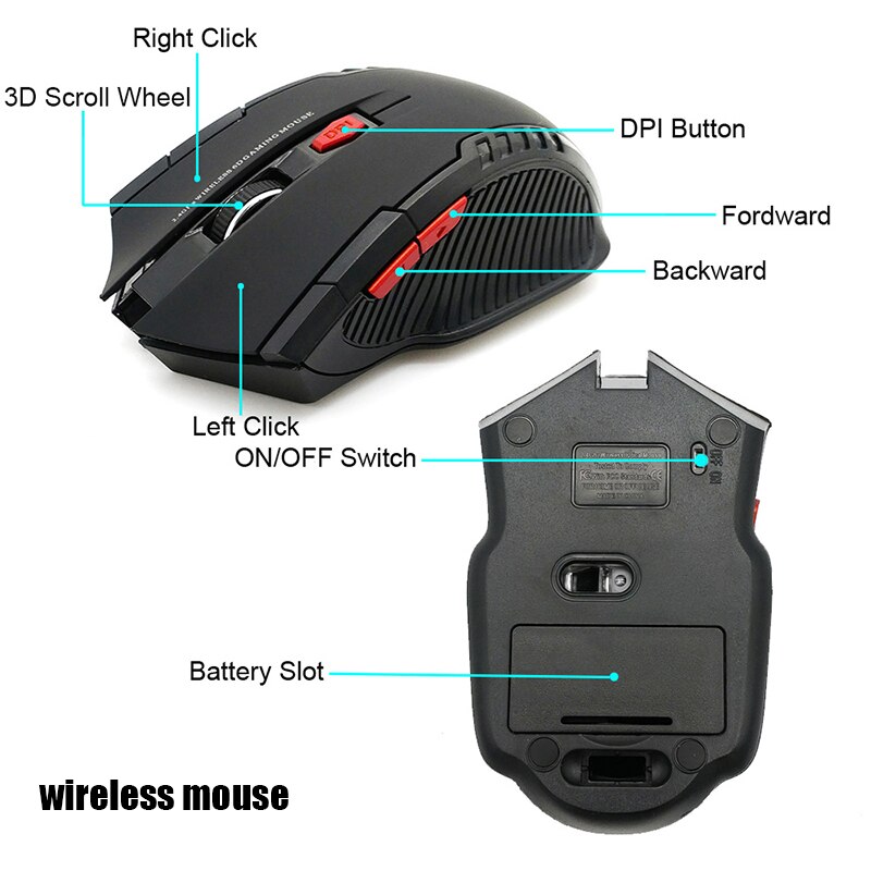 1600DPI 2.4GHz Wireless Optical Mouse Gamer for PC Gaming Laptops Opto-electronic Game Wireless Mice with USB Receiver