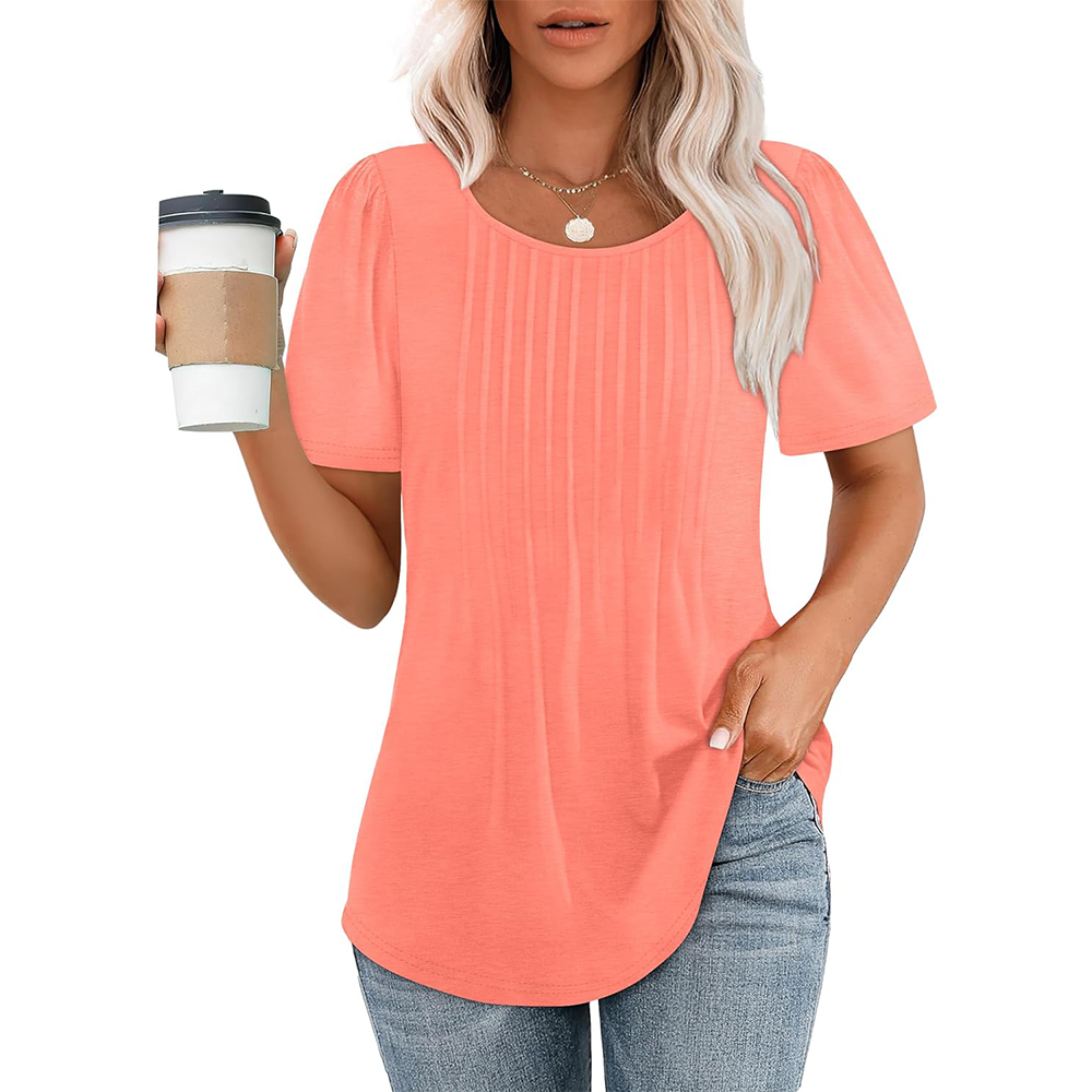 Dames T-shirts met korte mouwen, geplooid, chic, casual ronde hals, zomertops, blouses 2025: L / Roze