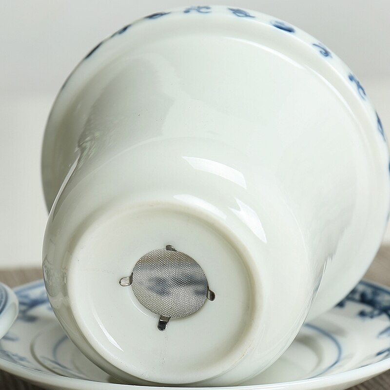 Chinese traditionele kopjes Thee cup met deksel Schotel blauw en wit porselein Theekopje Aardewerk Keramische koffie mok thee set