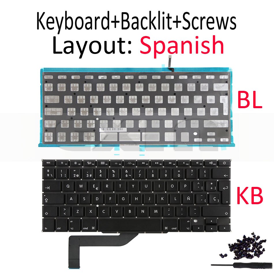 for Apple Macbook Pro Retina 15" A1398 SP Spain Spanish Keyboard with Backlight Backlit and Screws