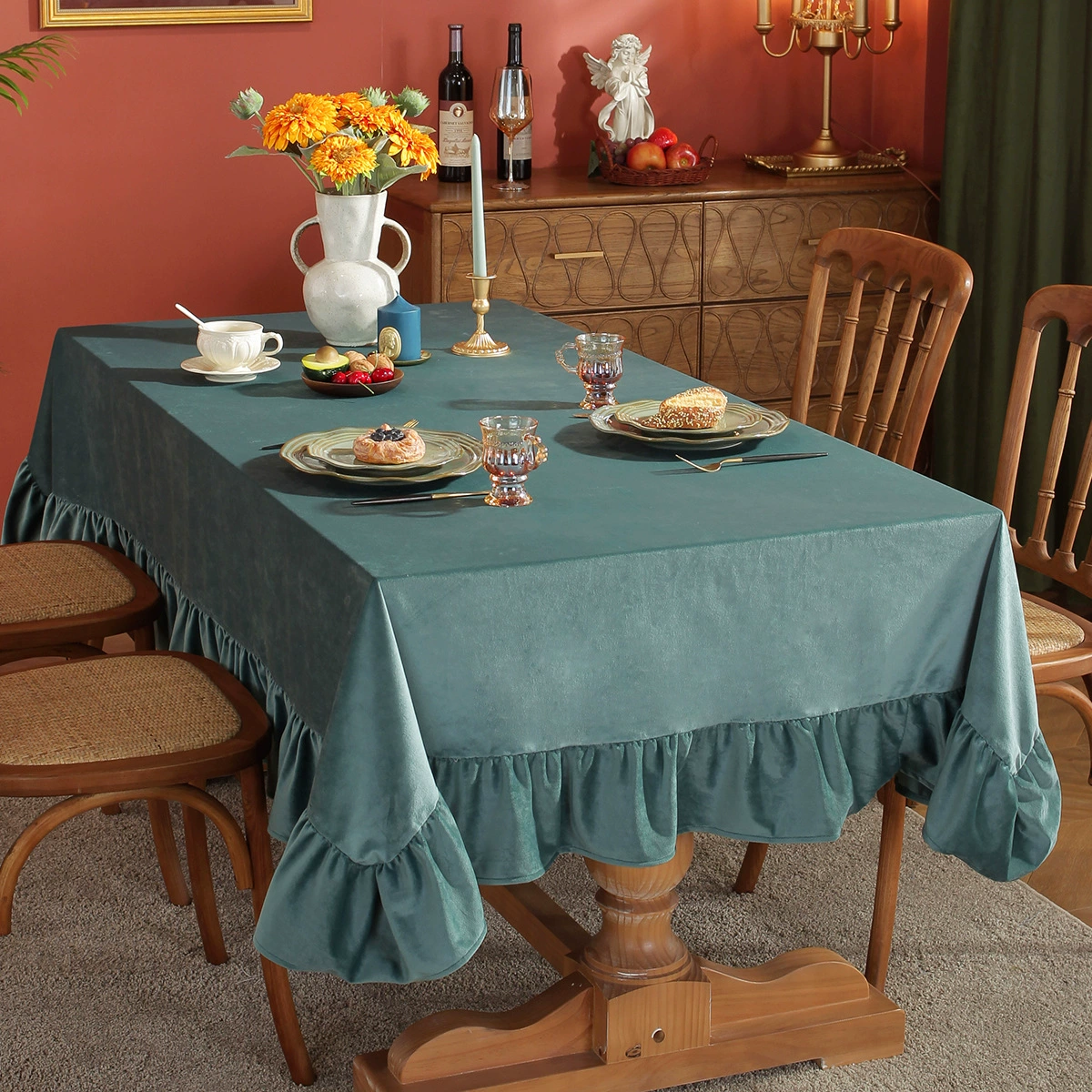 Velvet Tablecloth Luxurious Solid Rectangle Table Cloth,Oblong Retro Farmhouse Ruffle Tablecloth Washable Table Cover for Table: Turquoise / 100*130cm