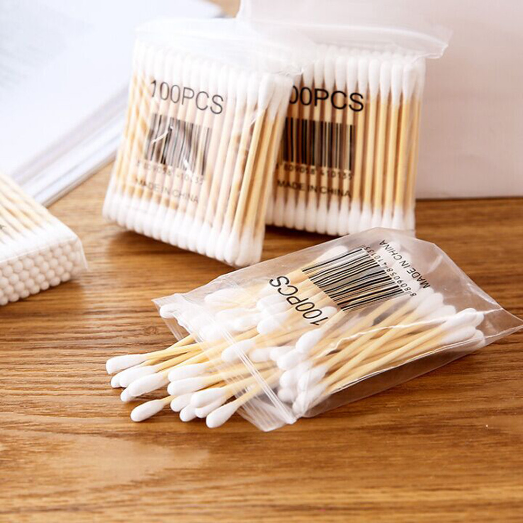 Cotton swab 100 Soft Bag Wood Stick Double Head Cotton Swab Sanitary Swab
