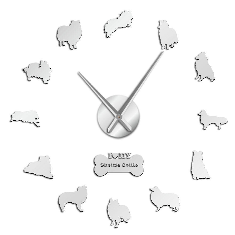 Sheltie Collie perro raza silencio cuarzo DIY pared reloj Sheltie Shetland Sheepdog cachorro sin marco Reloj de pared rugoso Collie Pet reloj: Silver / 47inch