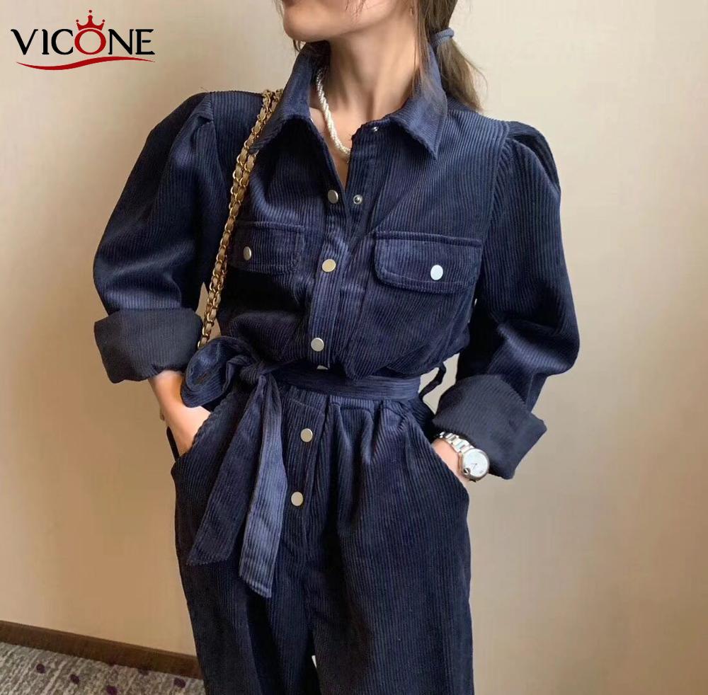 VICONE-combinaison pour femmes, 3 couleurs, velours côtelé, haute couture, combinaison à boutons, printemps