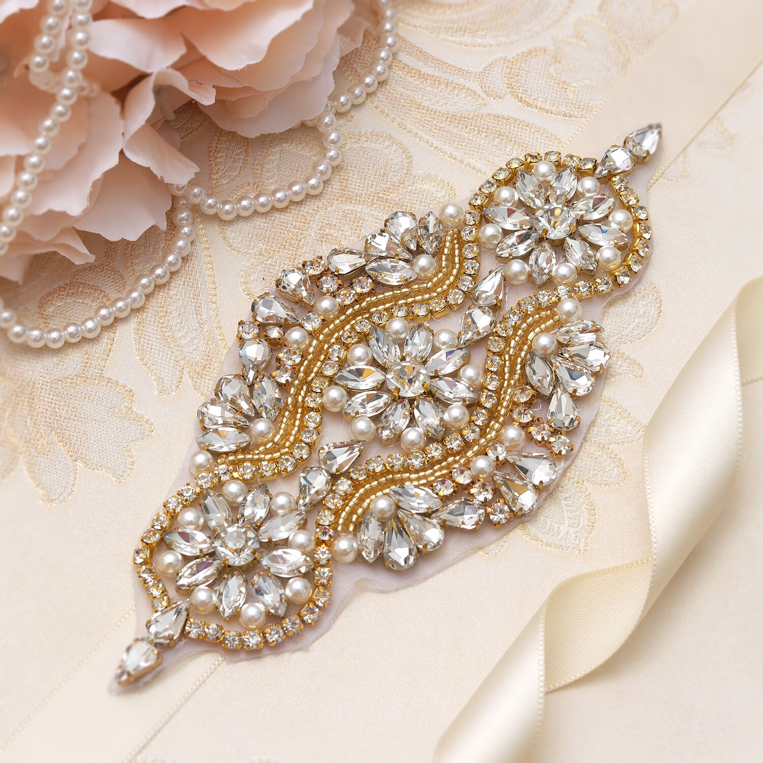 MissRDress Rhinestones Wedding Belt Handmade Pearls Bridal Belt Gold Crystal Bridal Dress Sash For Wedding Accessories JK851