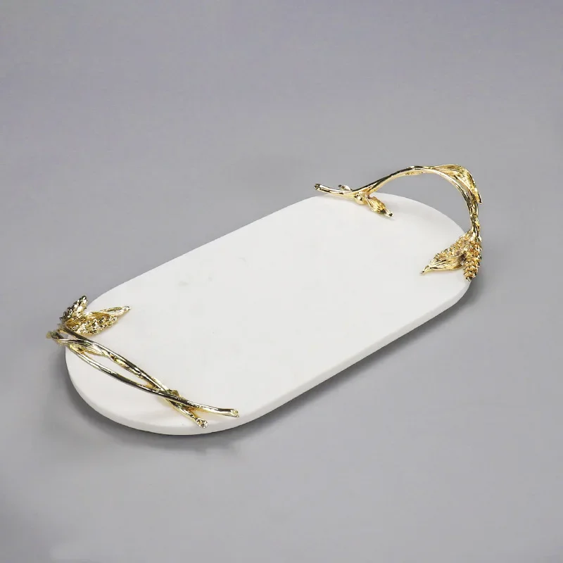 Luxus Marmor Serviert ablett Weizen Modell ier griff Natur marmor Oval Tablett Marmor Tablett mit Gold griff