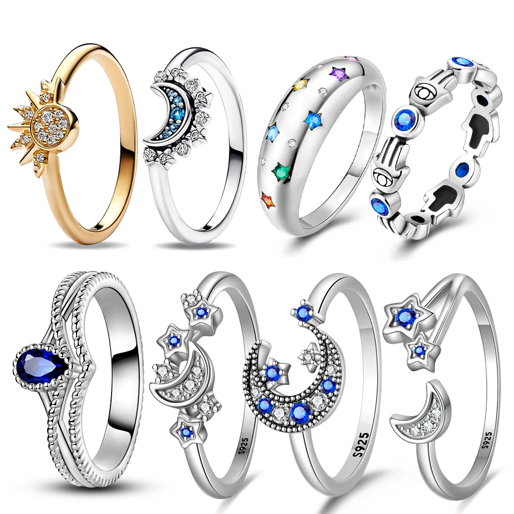 Original Sterling Silver 925 Ring Star and Moon Combination Series Rope Double Layer Ring Women's Wedding Engagement Ring