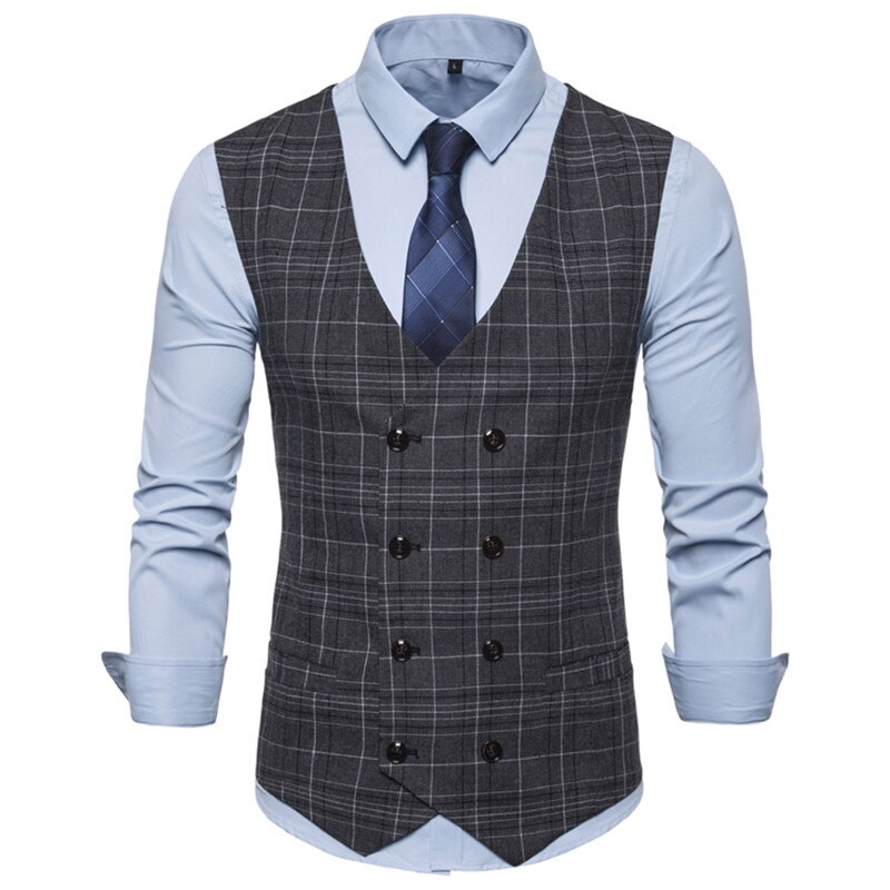 Male Plaid Slim Fit Dress Vests Men's Casual Sleeveless Formal Business Jacket Suit Vest Wedding Waistcoat Homme Plus Size: gray / XXL