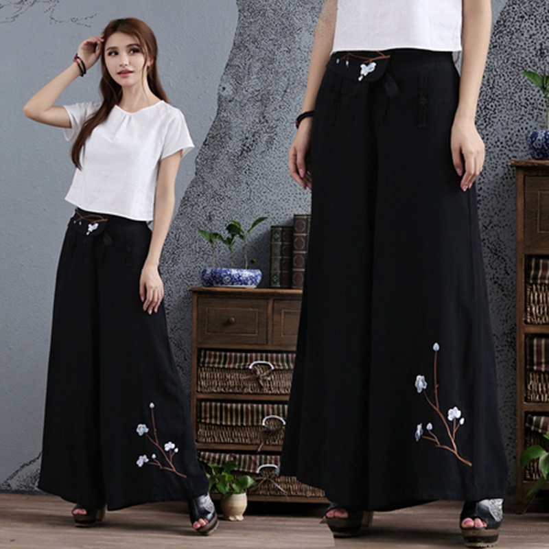 Pantalones étnicos para mujer, pantalón chino tradicional, Falda bordada, Vintage, holgado, informal, de pierna ancha, TA1415,
