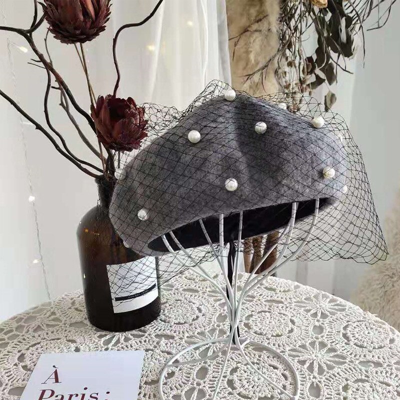 Lady Autumn Winter Berets Hat Pearl Lace Veil Painter Hat Women Sweet Vintage Berets Caps Female Bonnet Warm Walking Cap: 09